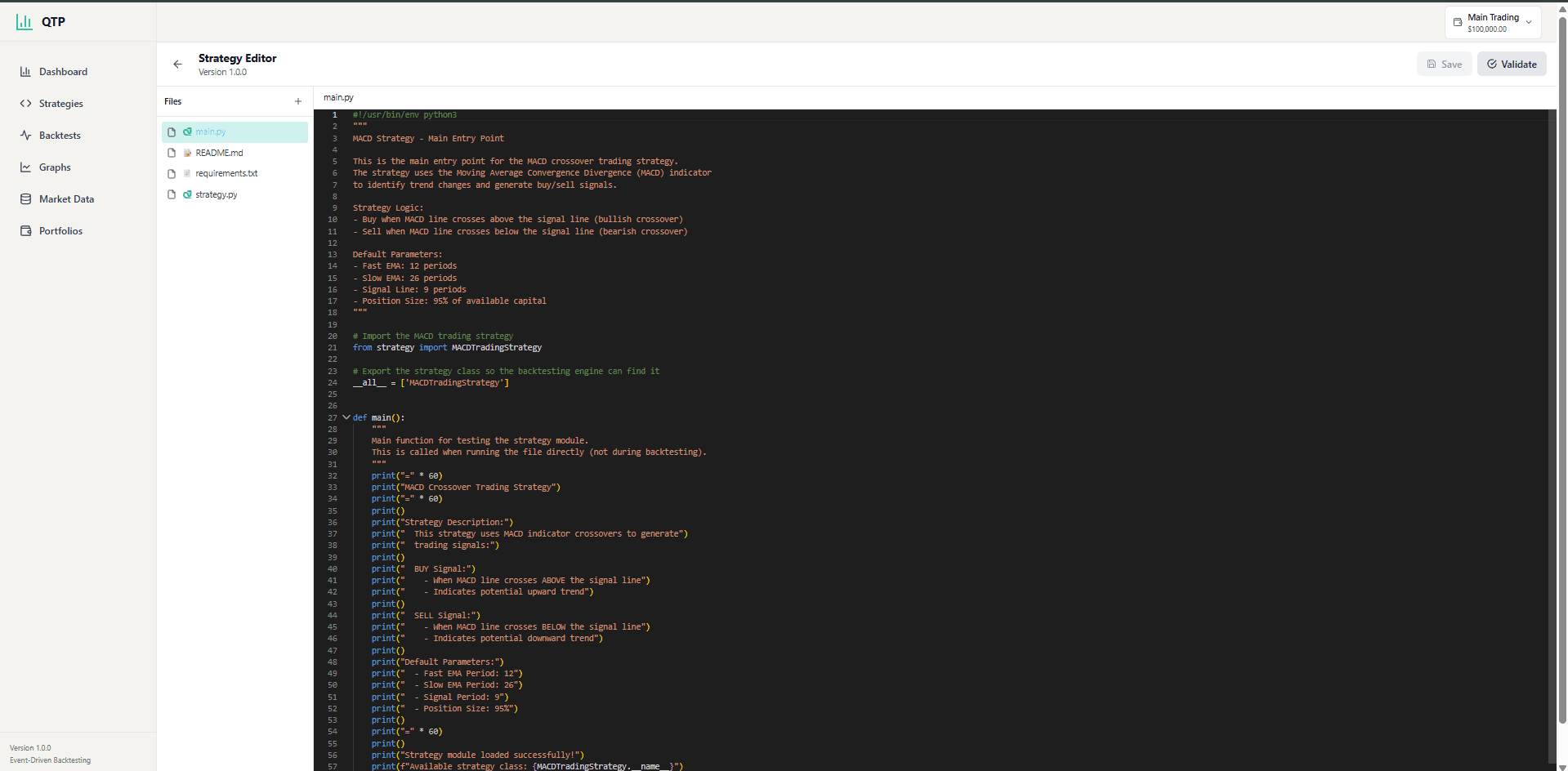 Algome strategy editor: a code-first Python MACD strategy with main.py, strategy.py, requirements, and README