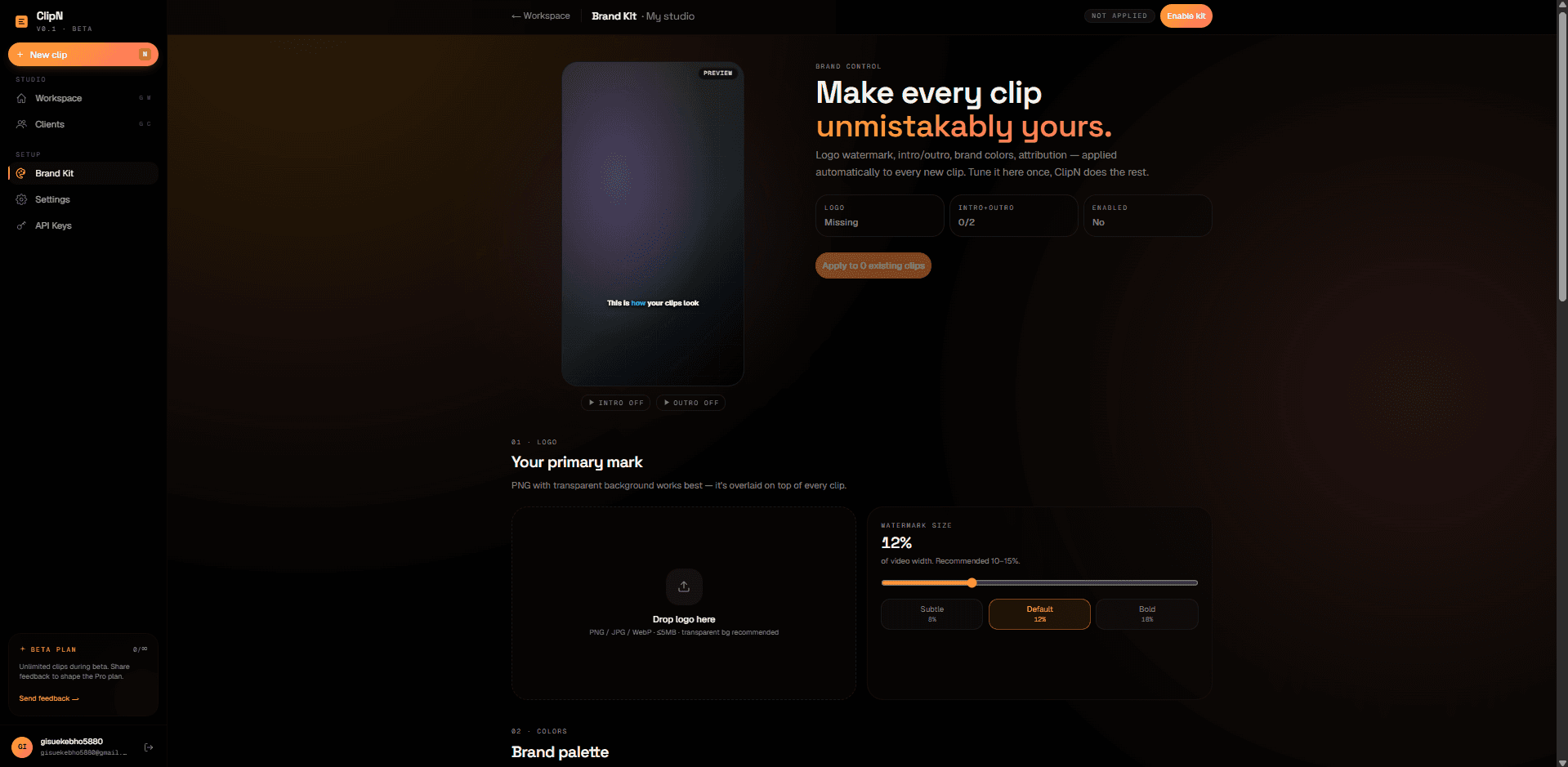 ClipN brand kit: watermark, intro/outro, brand colours