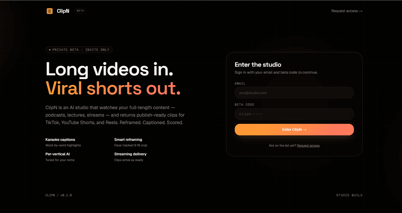 ClipN landing page: Long videos in. Viral shorts out.