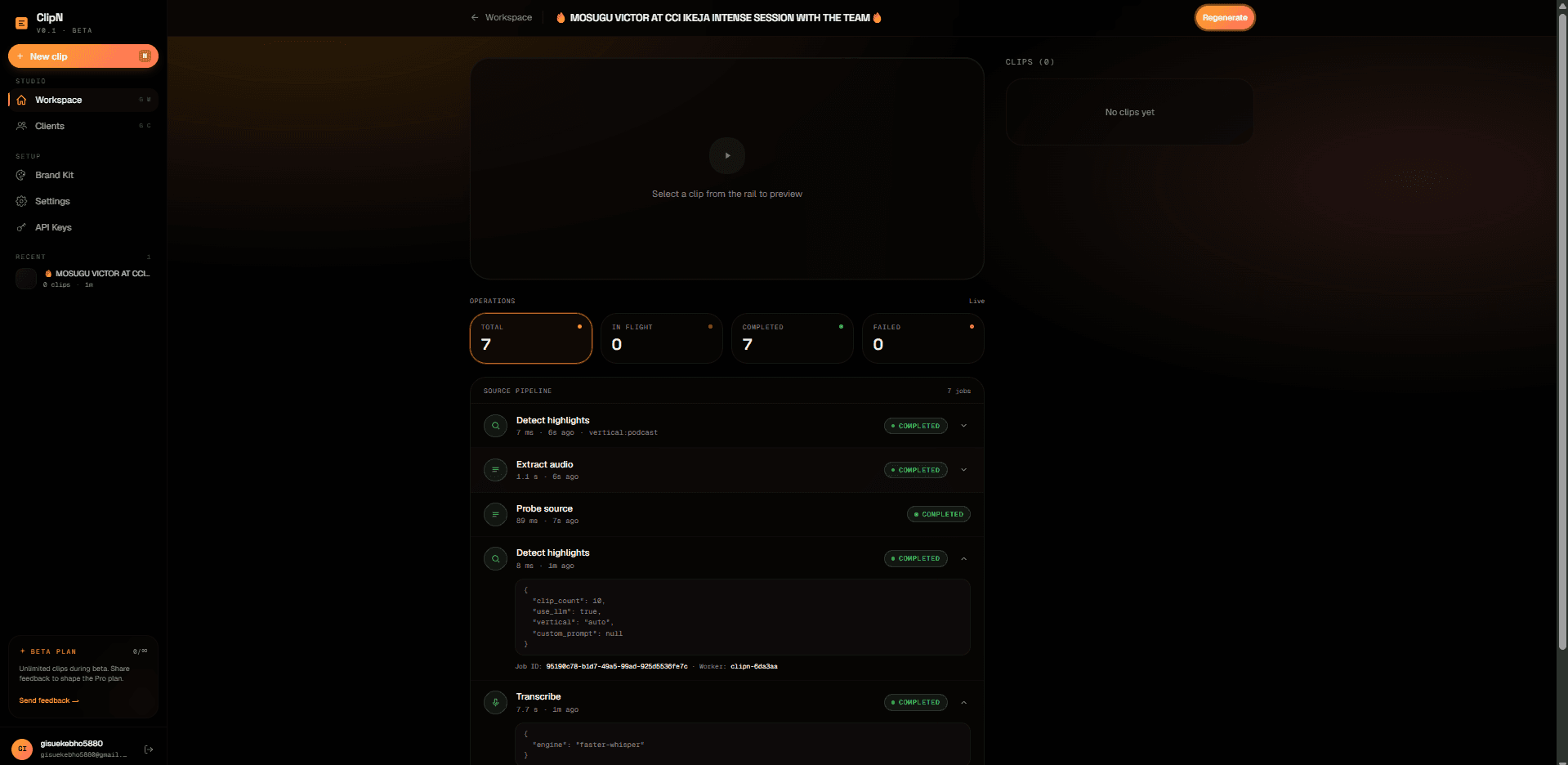ClipN live processing pipeline: detect highlights, transcribe, extract audio
