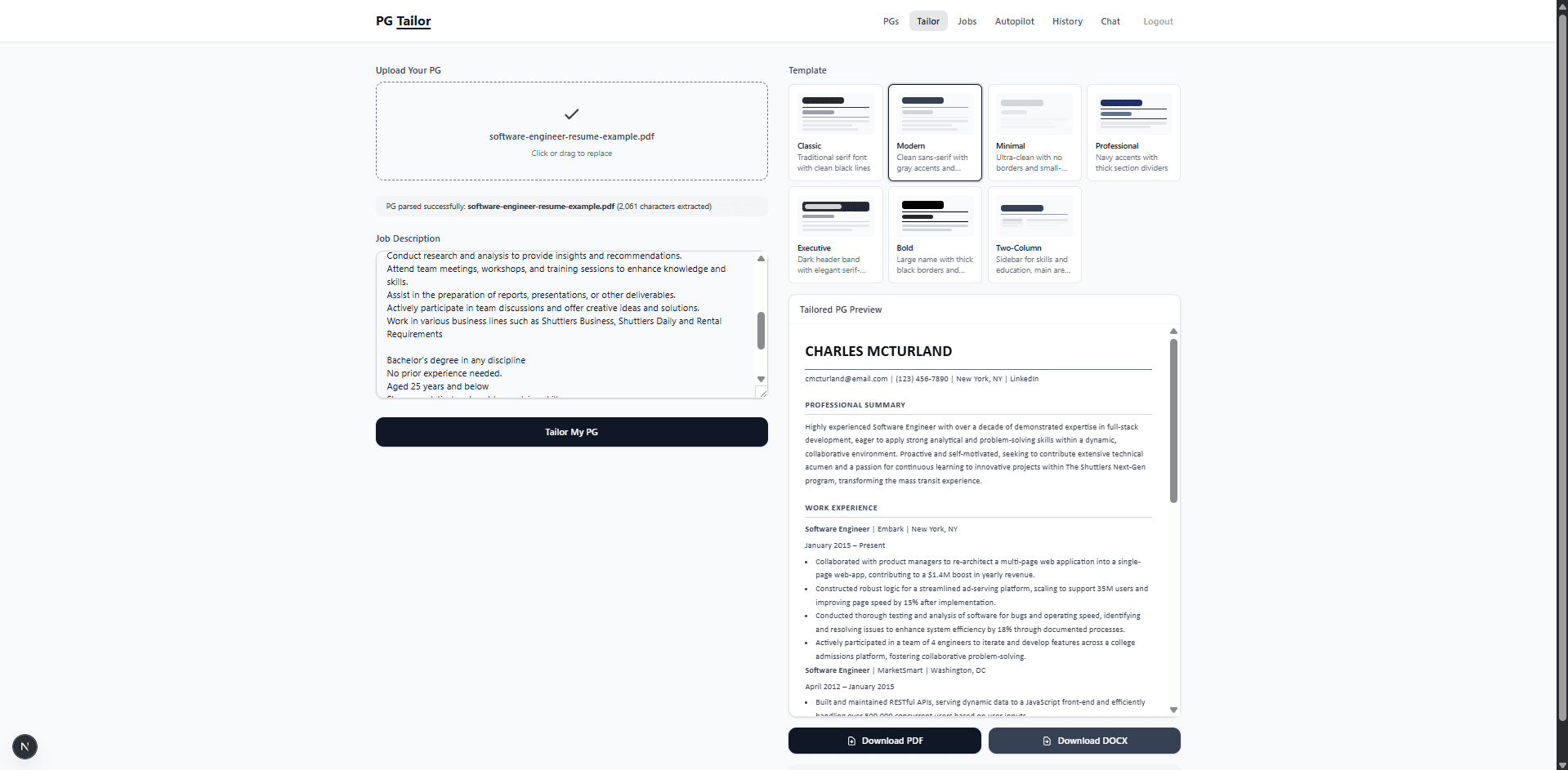 PG-Tailor autopilot: AI scans job boards and ranks the best matches for your profile