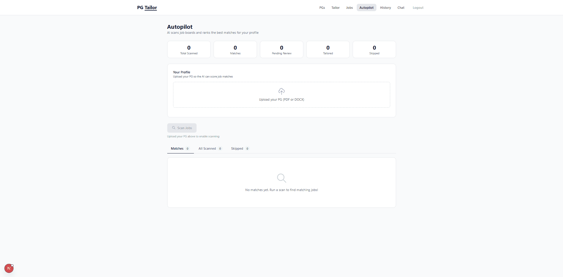 PG-Tailor tailoring view: upload a CV, paste a job description, pick a template, and a tailored résumé renders live